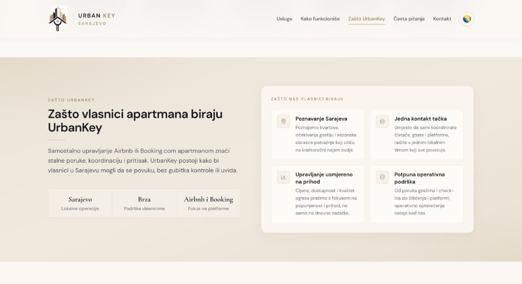 UrbanKey Sarajevo why choose us section